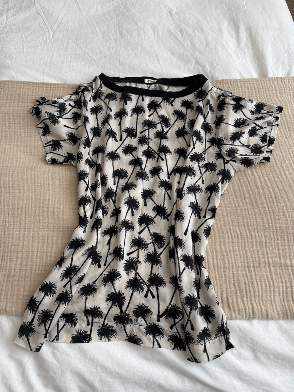 L'AGENCE Black Palm-Print Silk Blouse on Cream